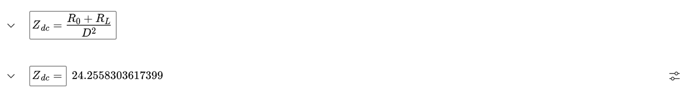 EngineeringPaper.xyz cell computing Z_dc = (R0 + RL) / D squared = 24.26 ohms