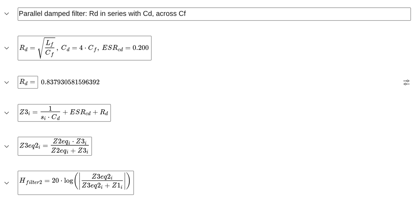EngineeringPaper.xyz cells for the parallel damped filter: R_d = 0.838 ohm, C_d = 4 C_f, and the new impedances