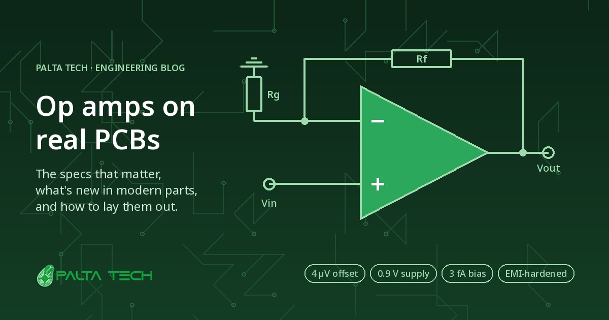 Non-inverting op amp circuit with feedback resistors and modern op amp spec highlights